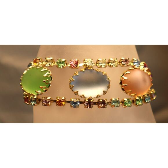 Frosted Glass Rhinestone Bracelet Large Peach Green Blue Satin Stones - Picture 2 of 6
